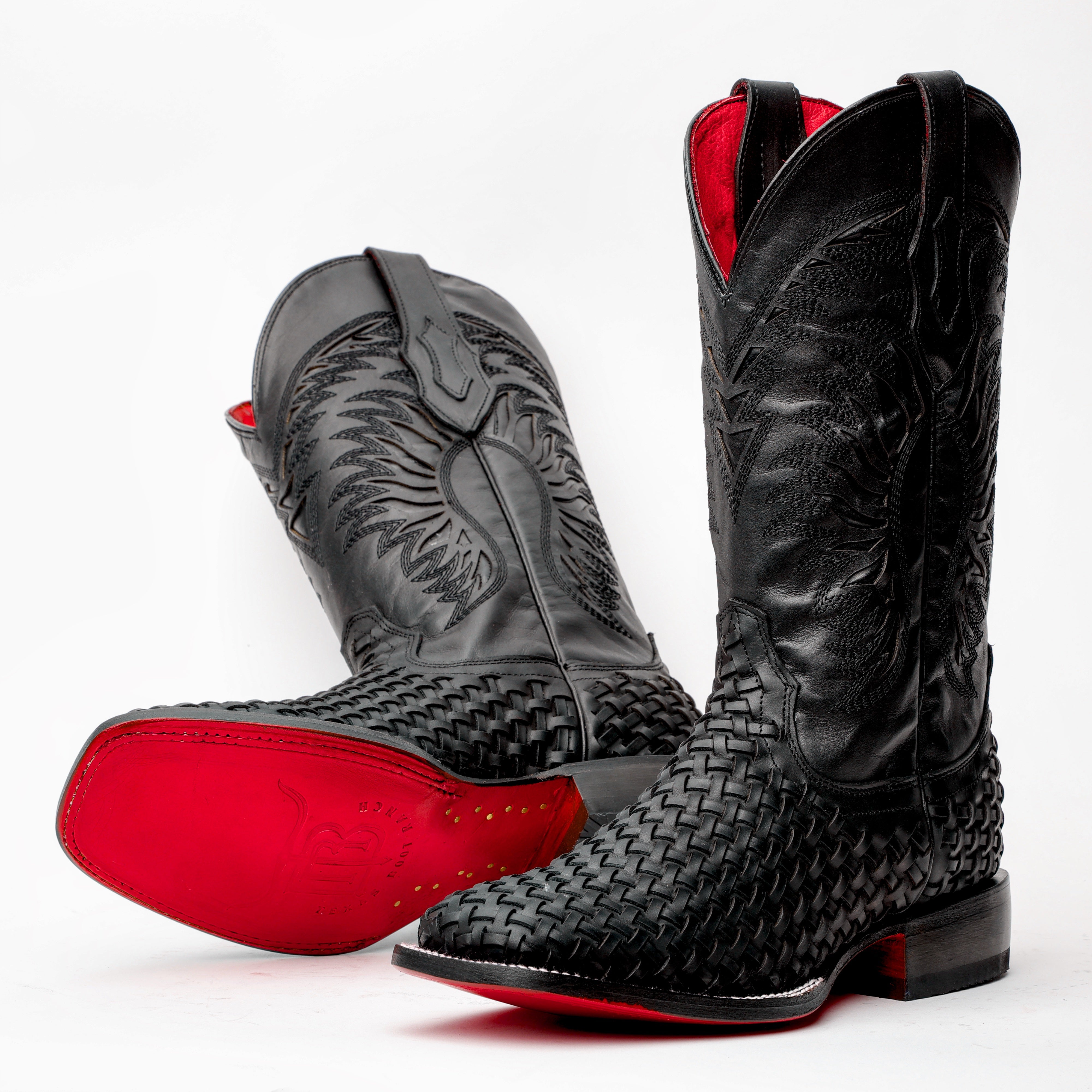 Black Basketweave Leather Boots - Square Toe