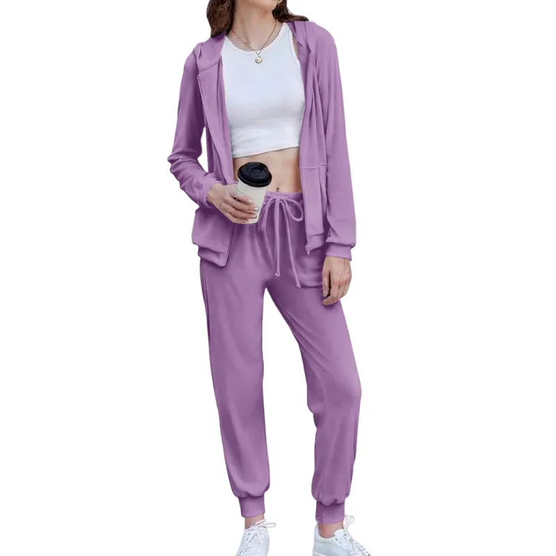 Women's Casual Velour Tracksuit Set Full Zipper Hoodie