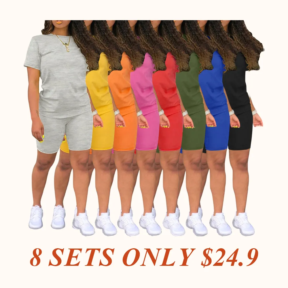 Two-piece Set Women's Fitted Plain Round Neck Tee & Skinny Shorts Set, Summer Clothes Women