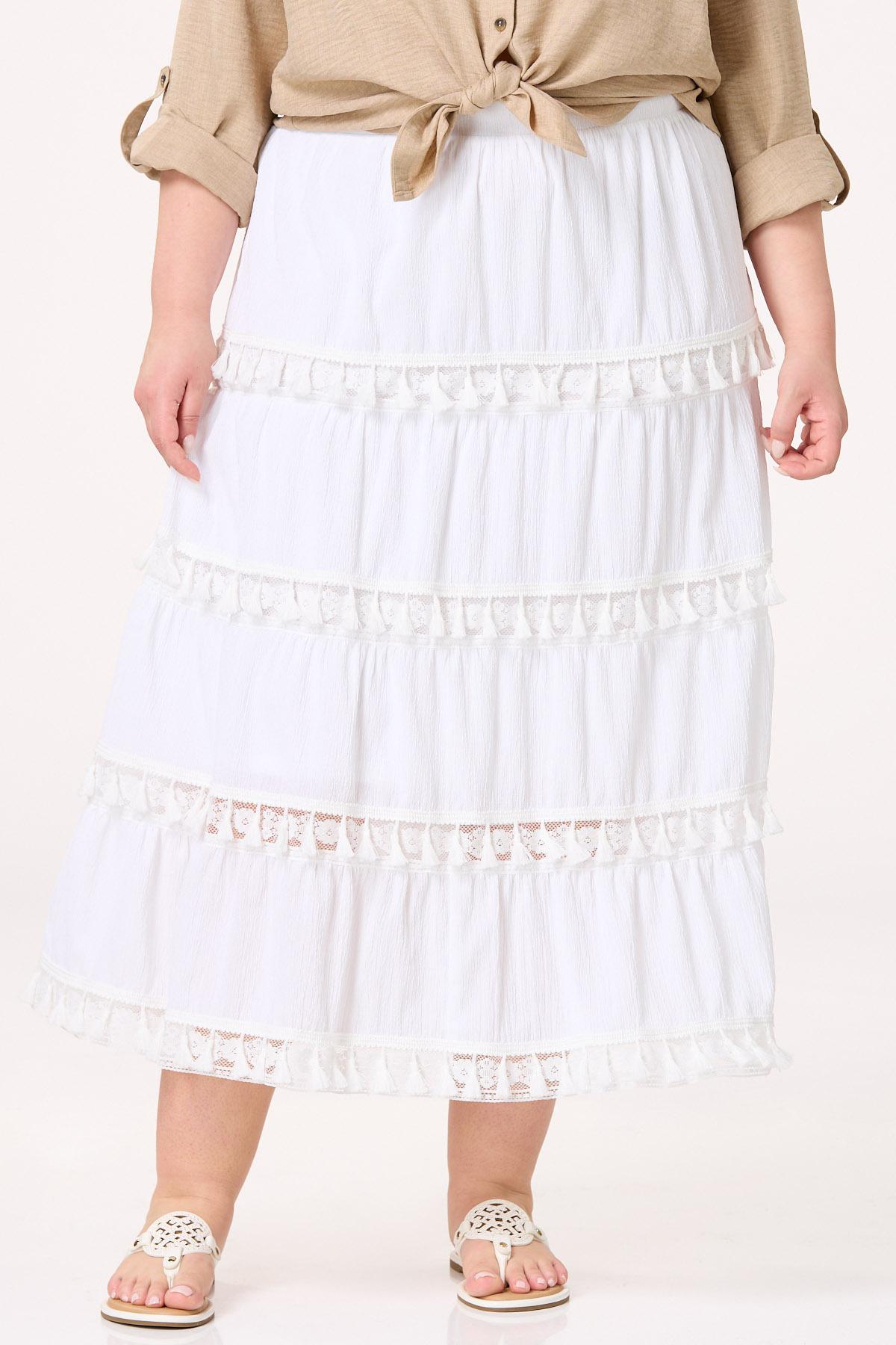 Plus Size White Tasseled Maxi Skirt