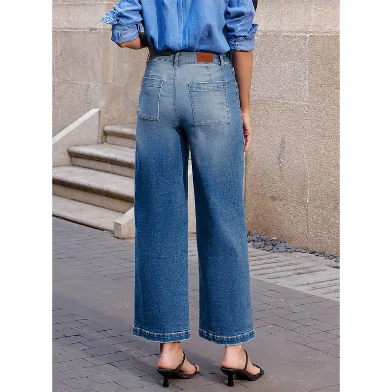 Women's Wide Leg Jeans High Waisted Stretchy Jeans Straight Leg Loose Fit Zimbaplatinum Ankle Denim Pants