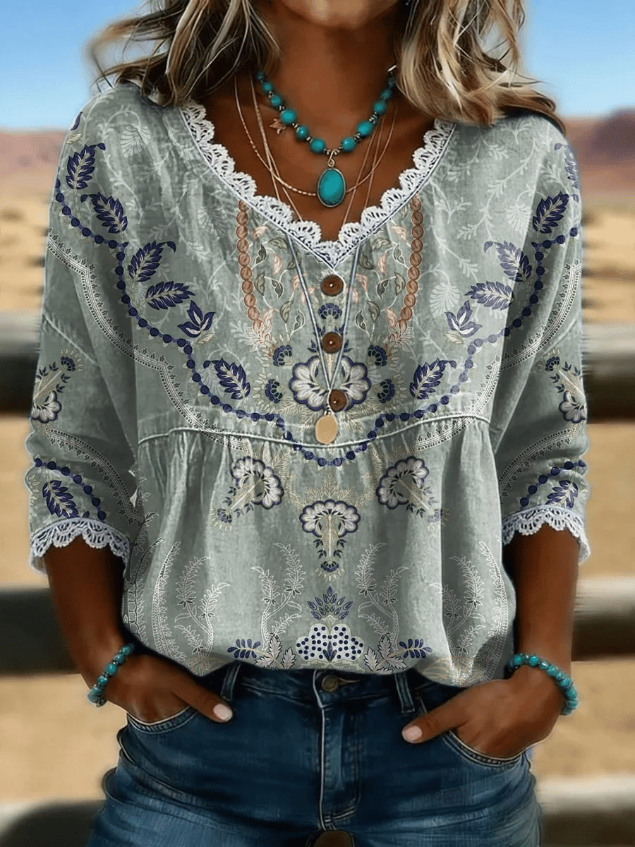 Women's Casual Retro Floral Print Cotton-Linen Cutout Top