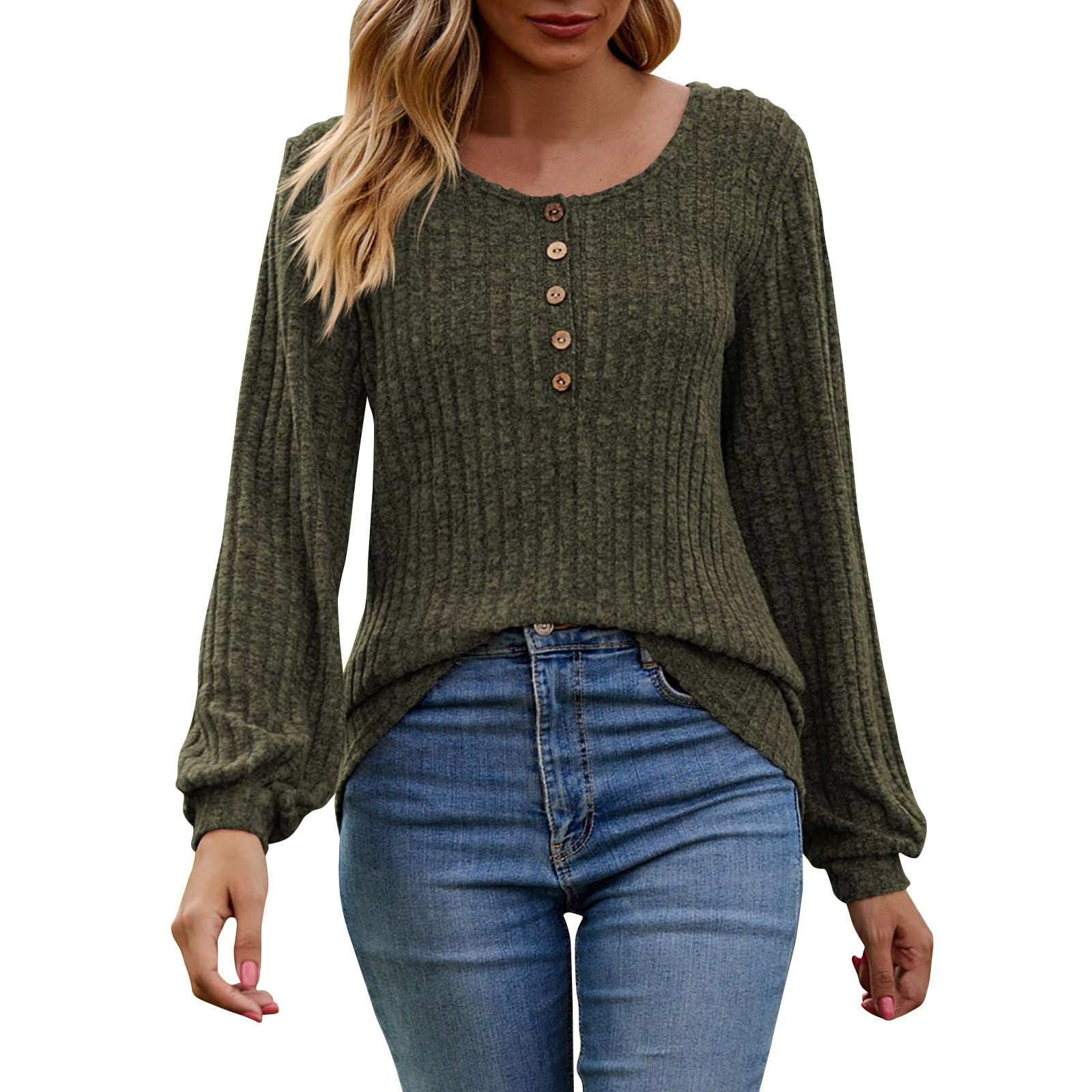 Women's Fall Button Scoop Neck Puff Long Sleeve Henley Shirts