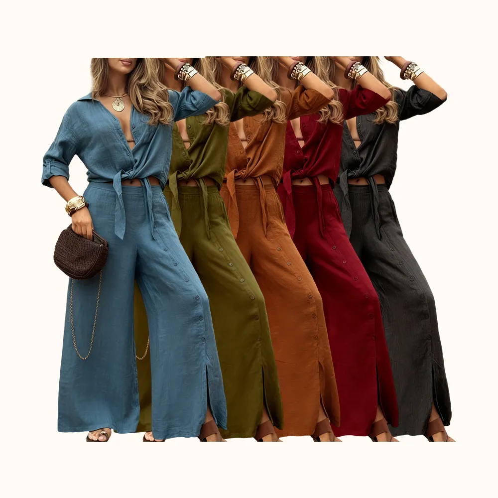 Women's Long Sleeve Loose Fit Shirt Set with Tie Hem, Single Button Decorated Wide Leg Pants