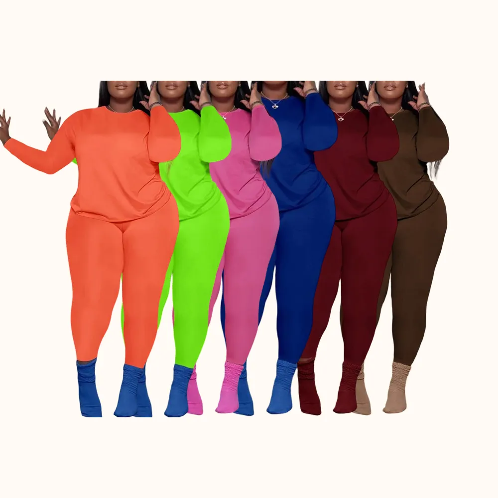 Women's Plus Size 2-Piece Set, Long-Sleeve Round-Neck Top & Pants, Casual Home Sportswear for Daily Wear