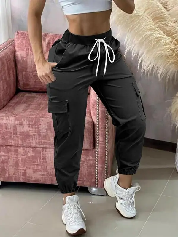 Women's Plain Drawstring Waist Cargo Pants, Casual Pocket Trousers for Daily Wear, Ladies Bottoms for All Seasons