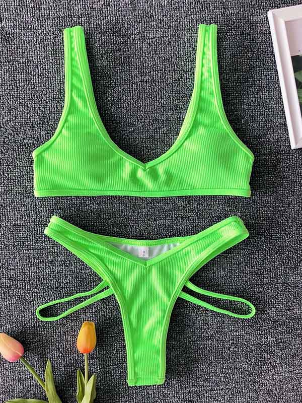 Solid Color U-Neck Bralette Hipster Hollow Bikini Swimwear