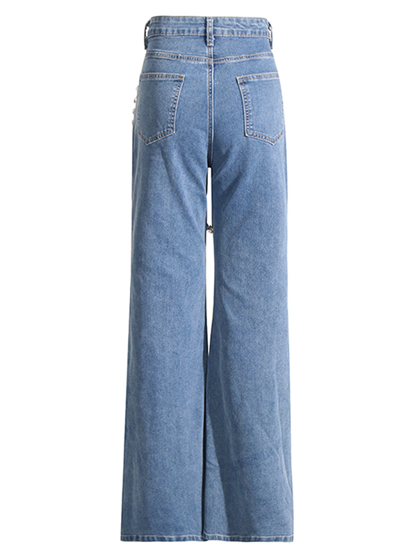 Pockets Split-Joint High Waisted Wide Leg Jean Pants Bottoms
