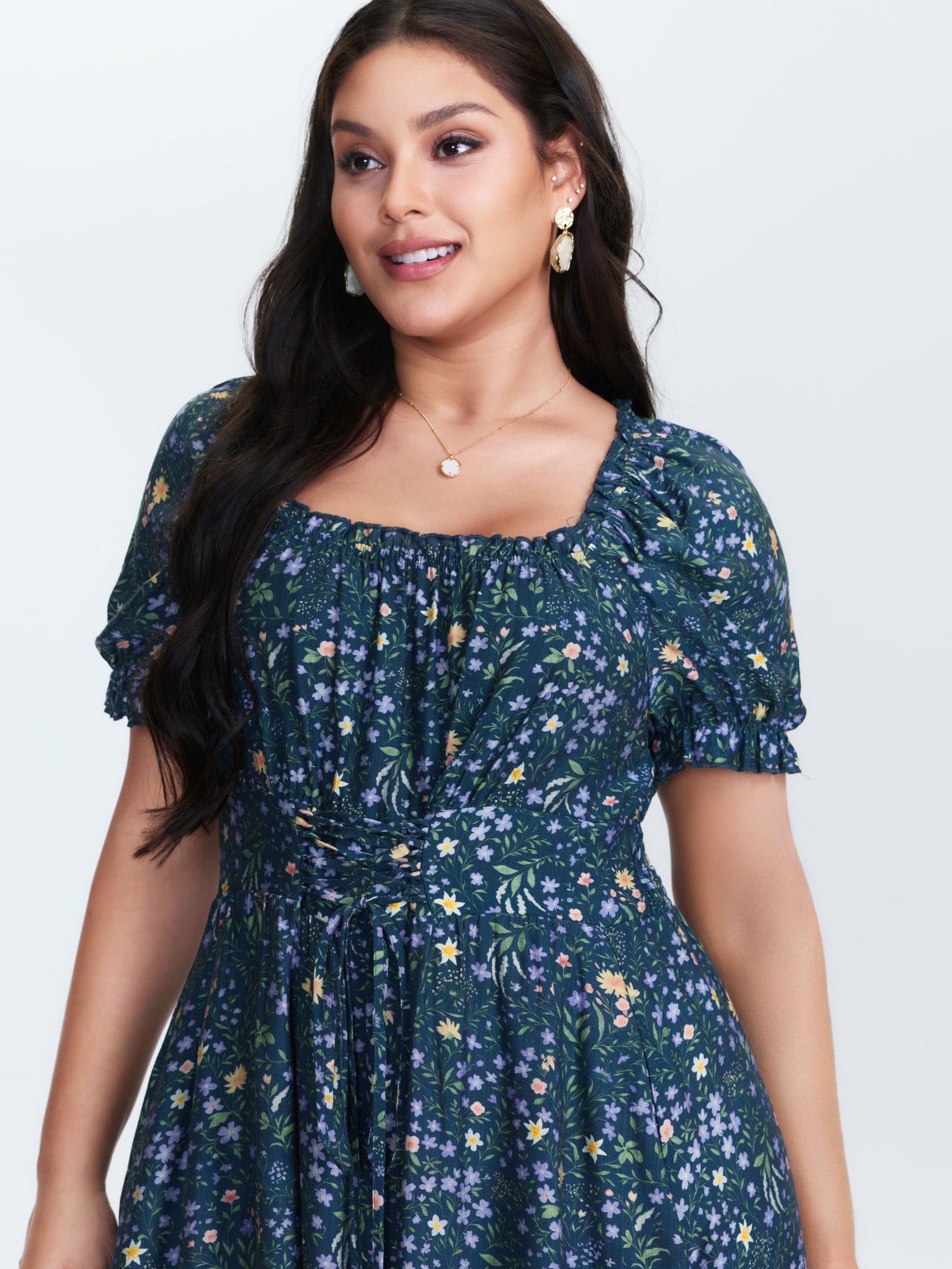 Floral Print Puffy Sleeve Cinched-Waist Midi Dress