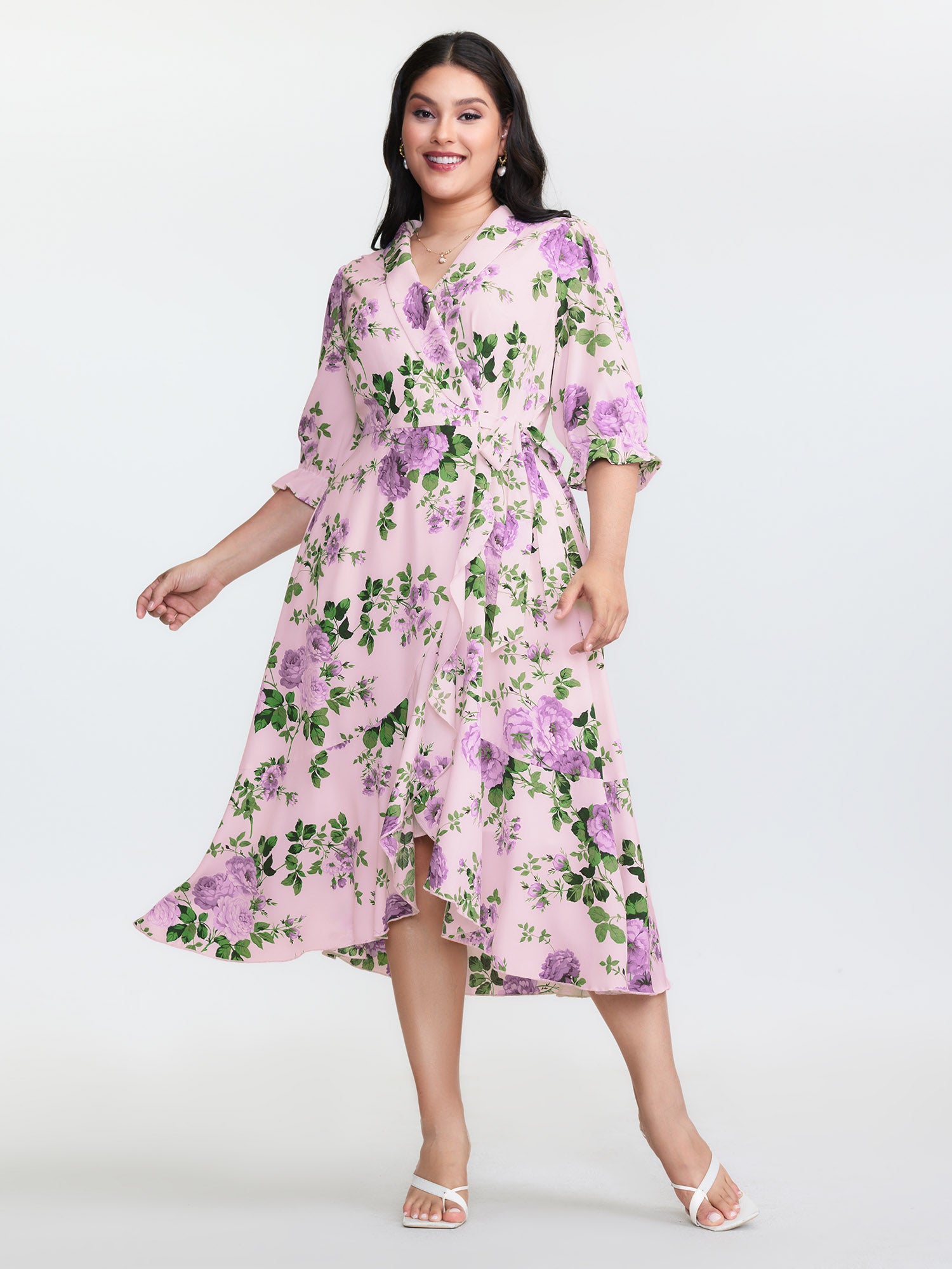 Large Floral Print Wrap Pockets Midi Dress