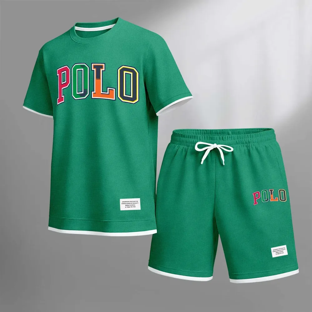 Men's Polo Print Drawstring Shorts Set For Spring/Summer. A Casual Summer Outfit, Including A Short-Sleeved Shirt And Shorts
