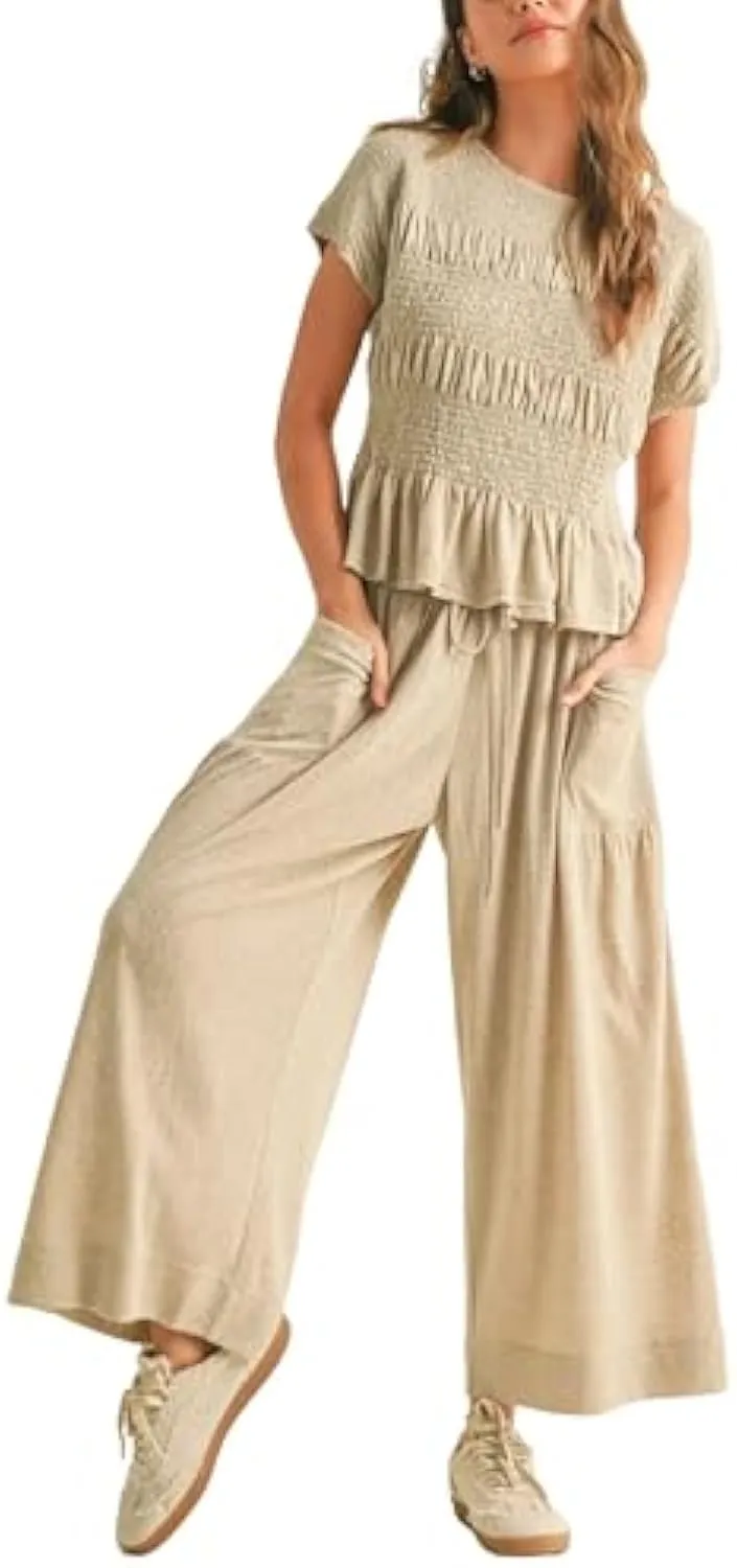 Casual Boho Matching Set Smocked Top & Wide-Leg Pants