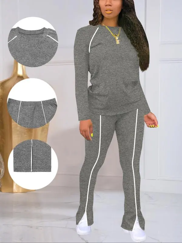 Women's Fashion New Round Neck Solid Color Patch Long Sleeve Top & Pants Set, Two-Piece for Casual Wear