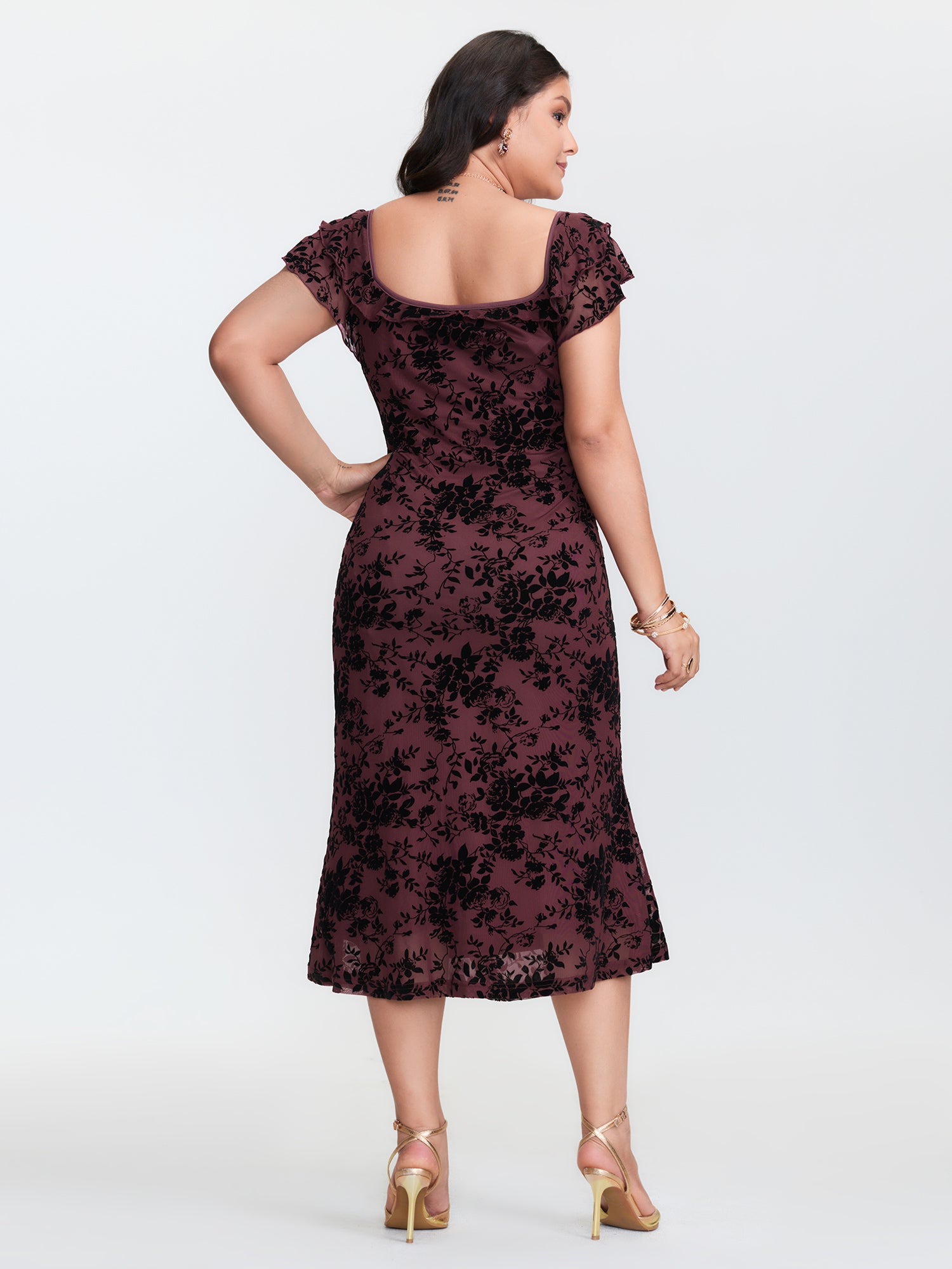 Floral Flocked Mesh Ruched Drawstring Midi Dress