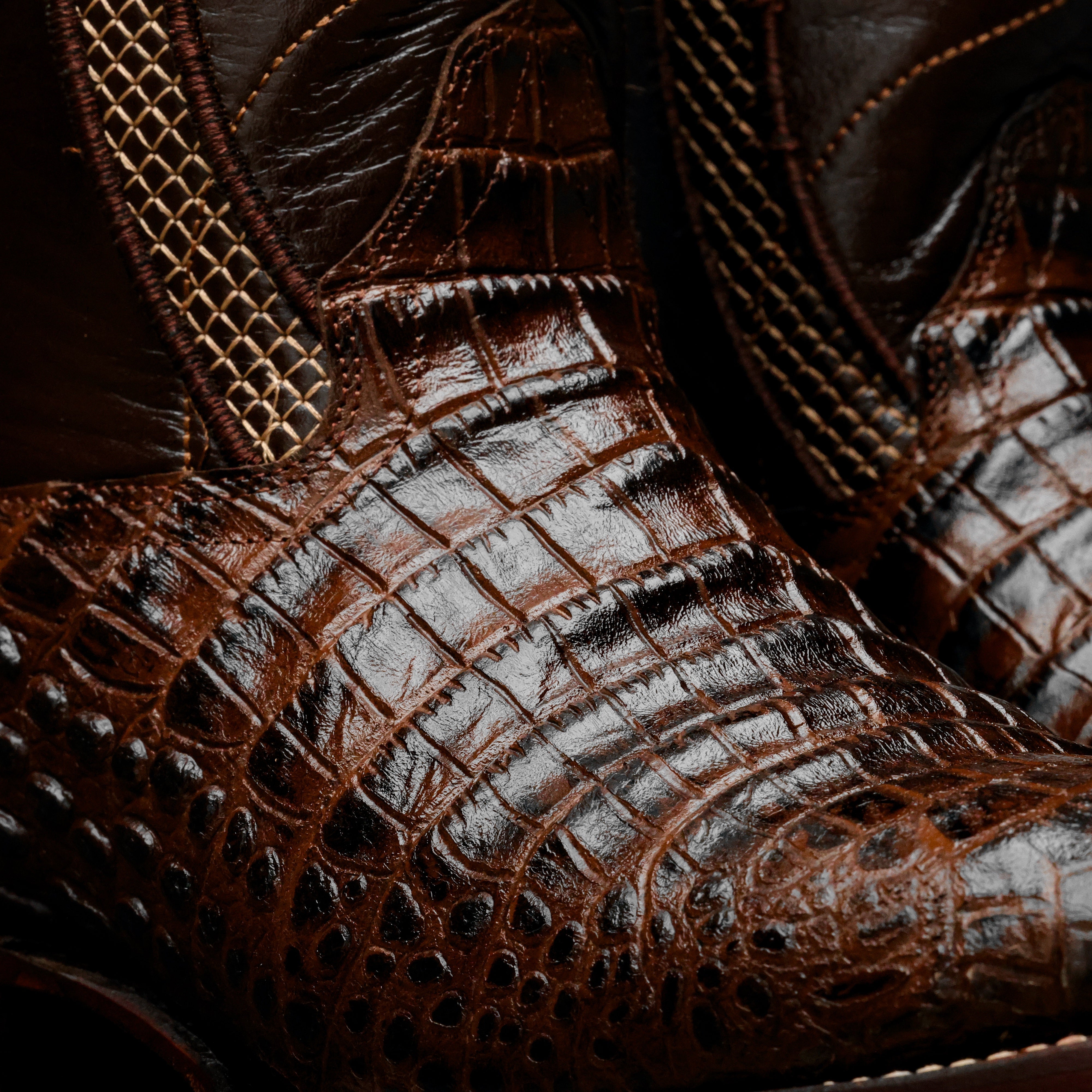 Chocolate Brown Caiman Belly Leather Boots - Square Toe