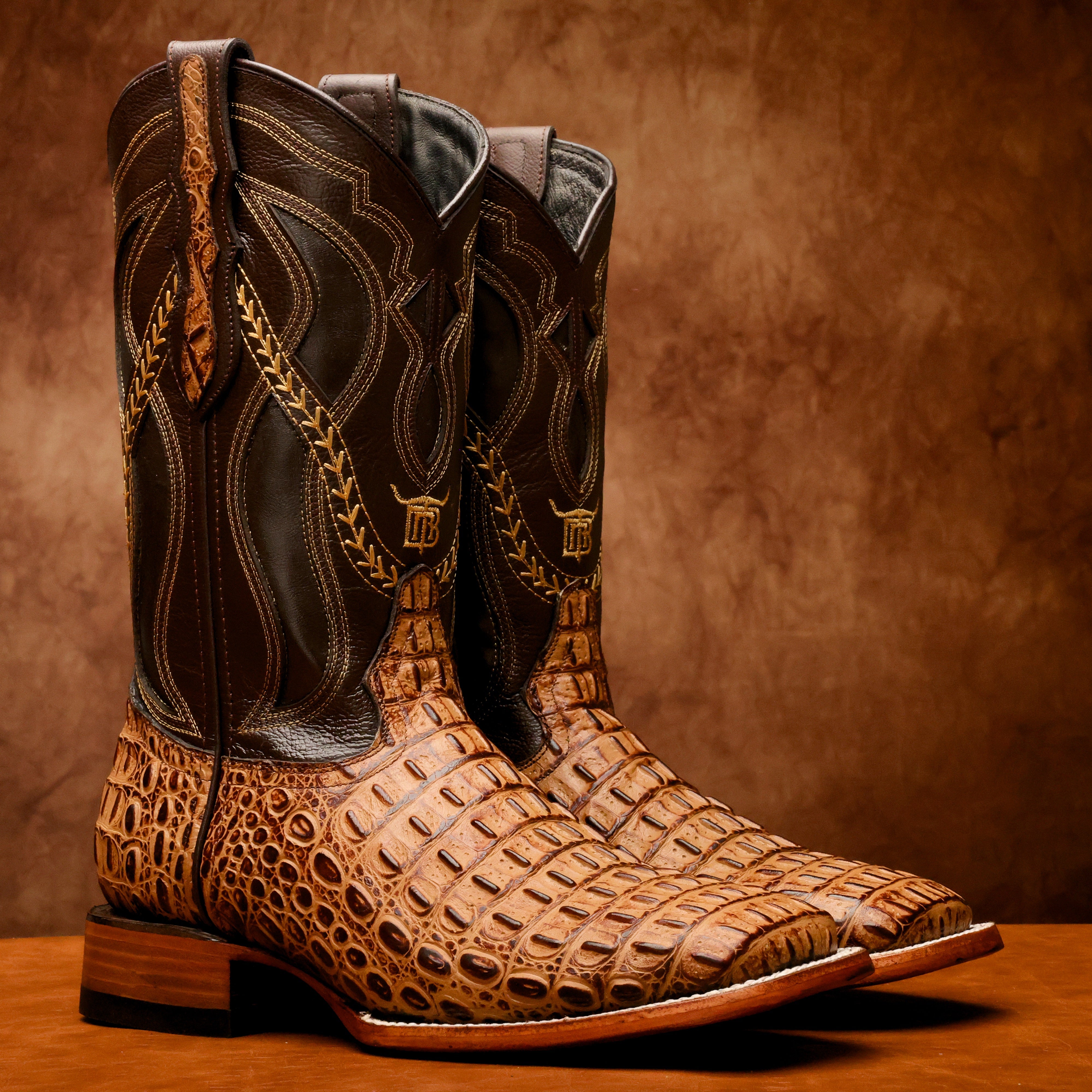 Honey Caiman Hornback Leather Boots - Square Toe