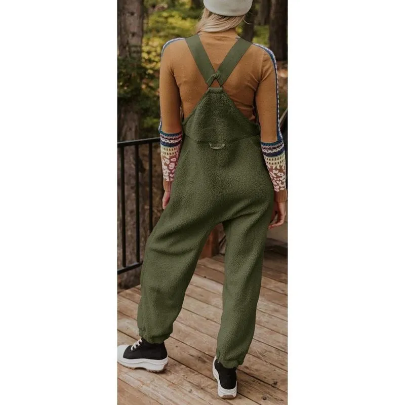Women's Fleece Warm Overalls Winter Loose Casual Jumpsuits with Pockets