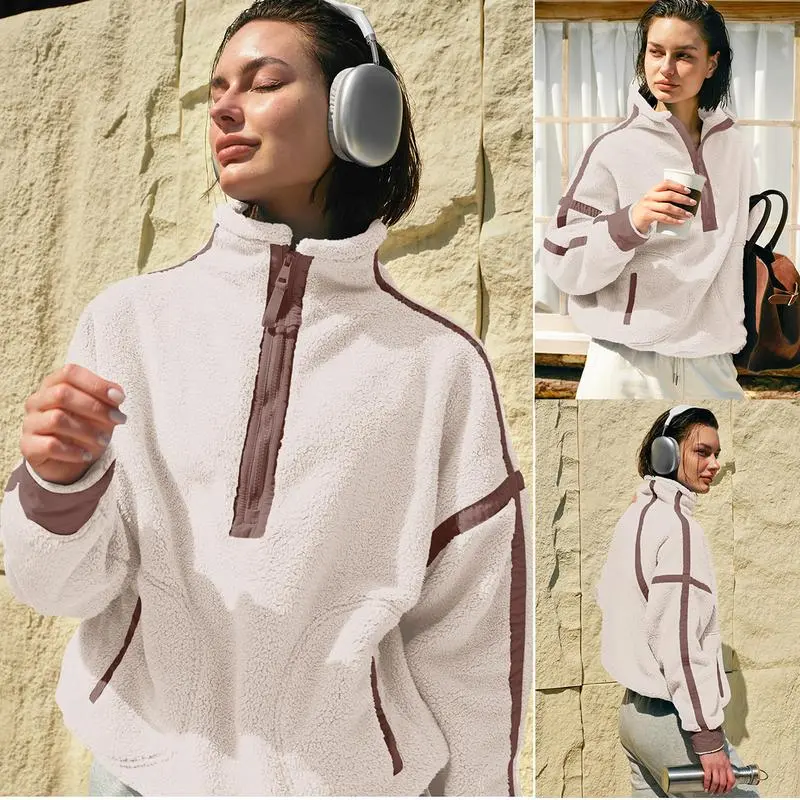 Women Sherpa Fleece Warm Oversized Half Zip Sweater