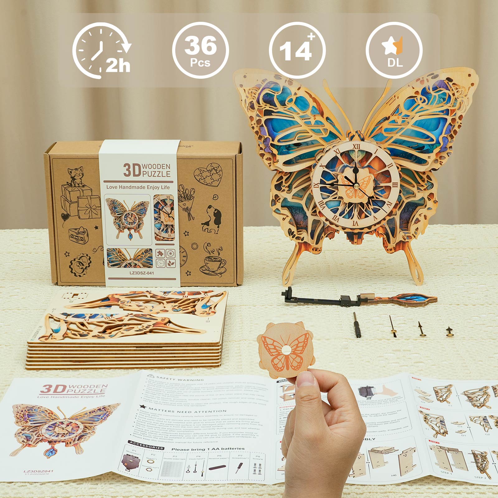 Butterfly – DIY Wooden Clock, 3D Puzzle Craft Kit