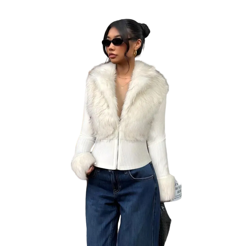 Women's Fashion Street Style Patchwork Knit Faux Fur Jacket