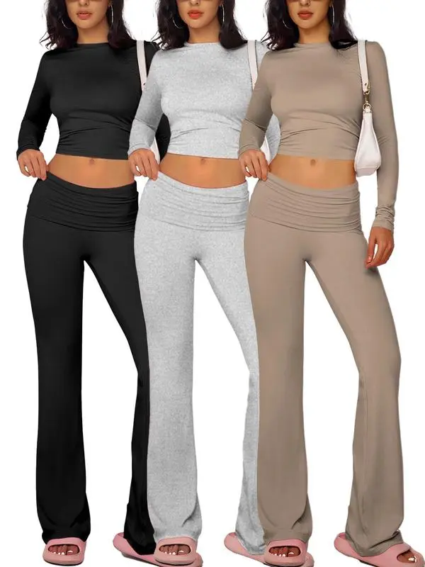 Women'S Solid Long Sleeve Crop Tee & Flare Leg Skinny Pants Loungewear Set
