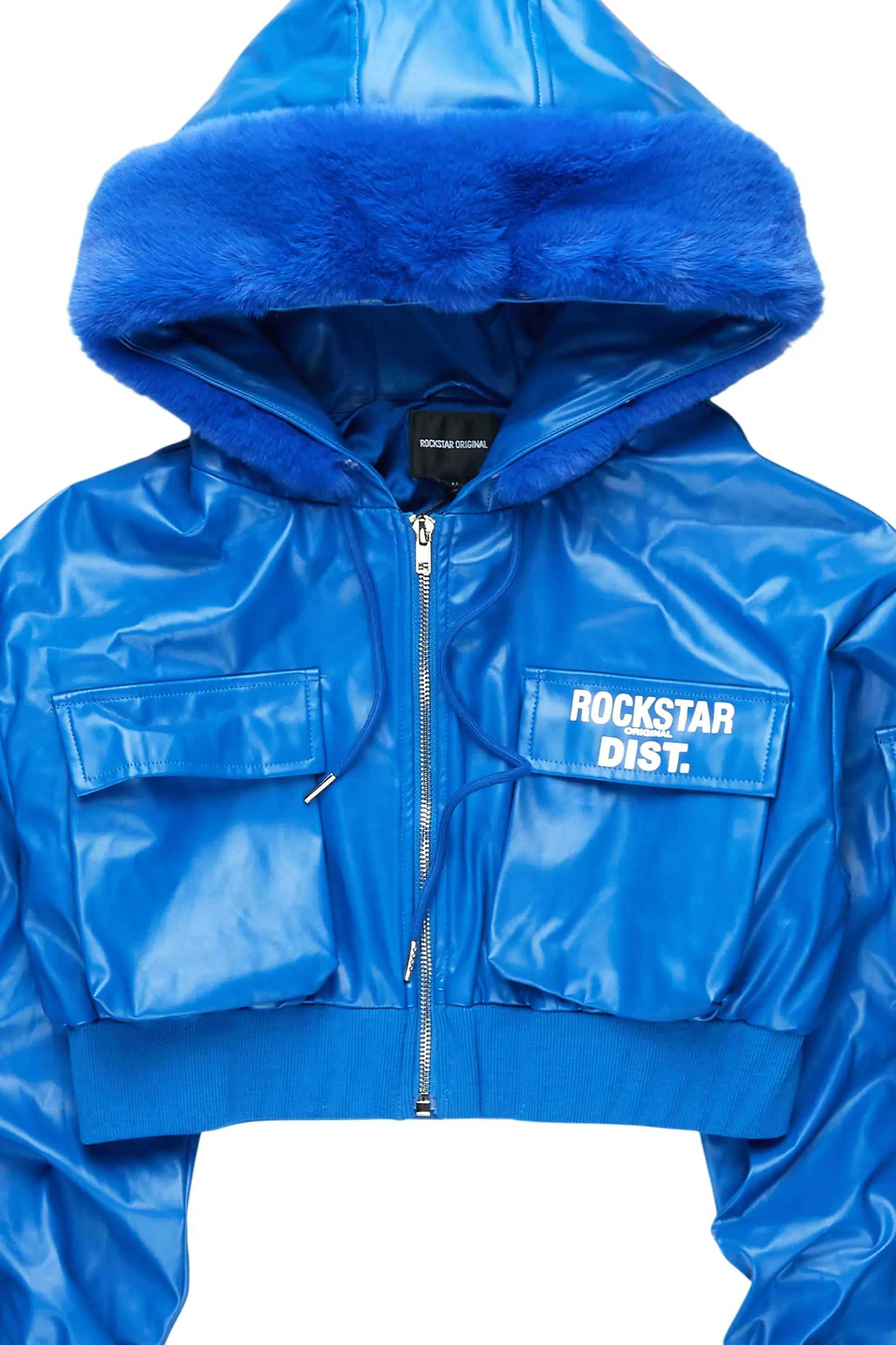 Amyia Royal Blue PU Jacket With Fur Hood