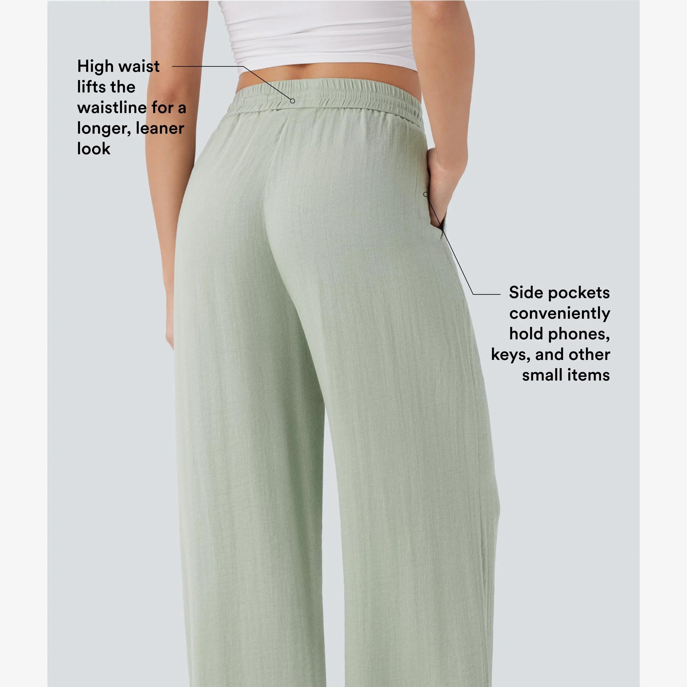 High Waisted Drawstring Pocket Wide Leg Casual Linen-Feel Pants