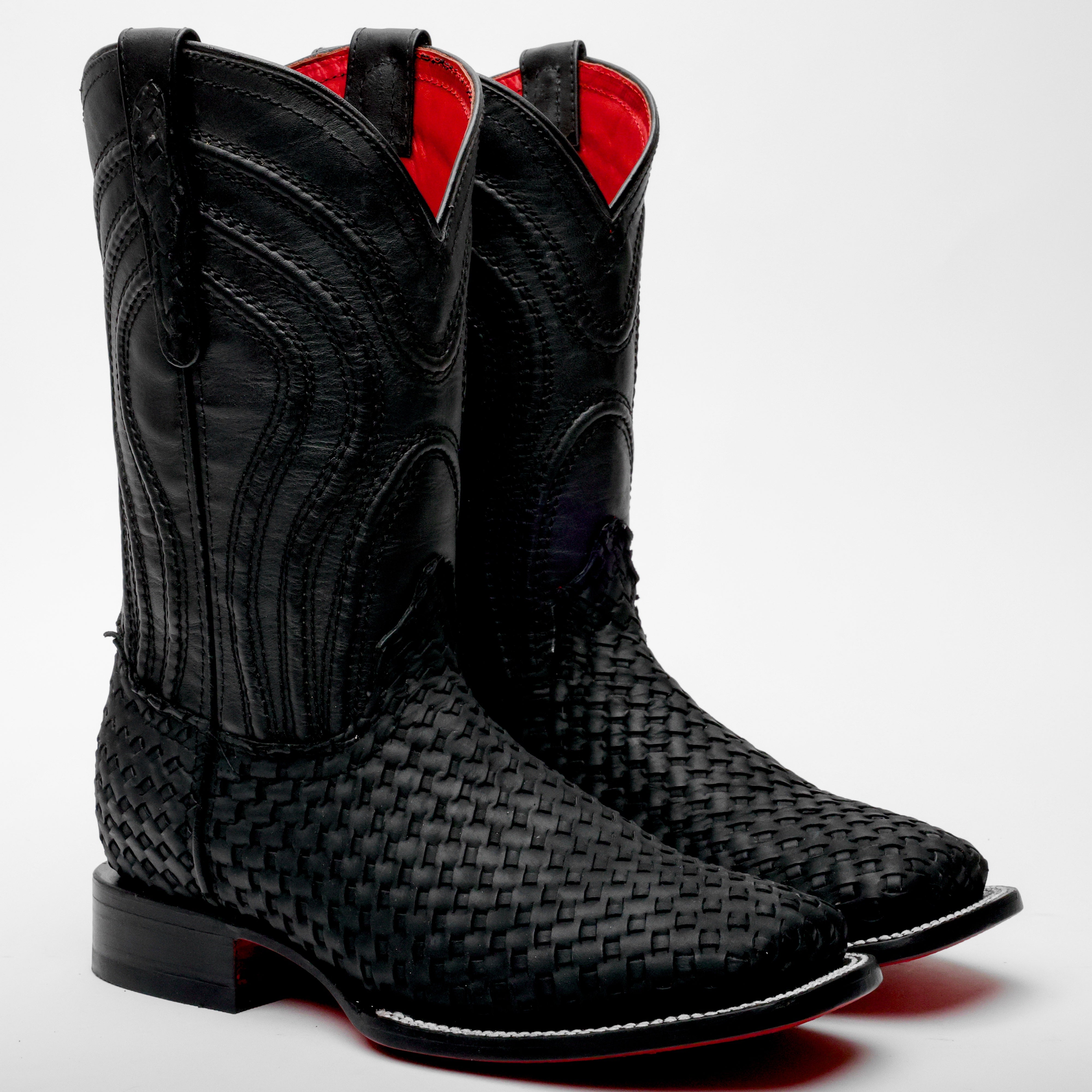 Black Basketweave Leather Boots - Square Toe