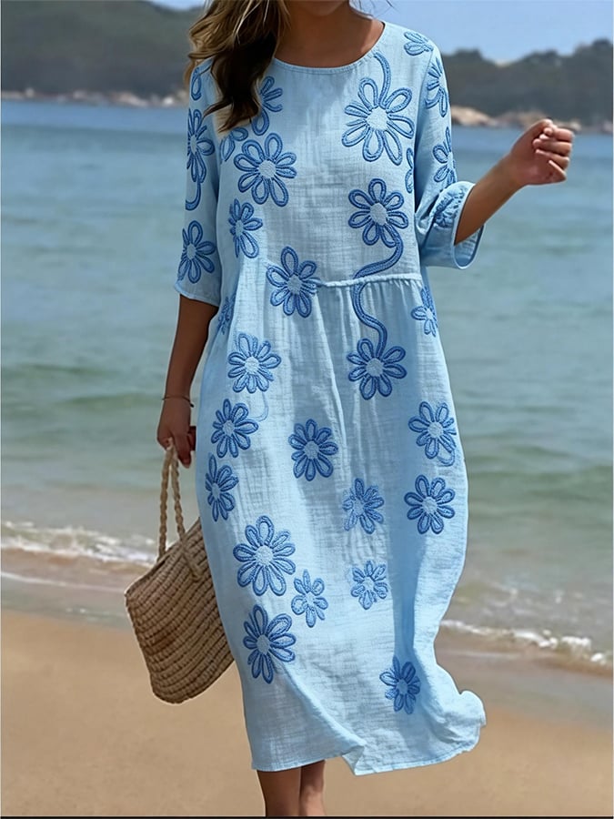 Women's Casual  Round Neck Mid Sleeve Print Cotton and Linen Dress- Fast Shipping