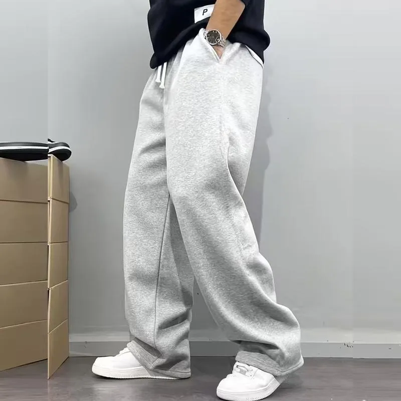 Men's Casual Fashionable Versatile Trendy New Plain Simple Drawstring Wide-Leg Long Pants