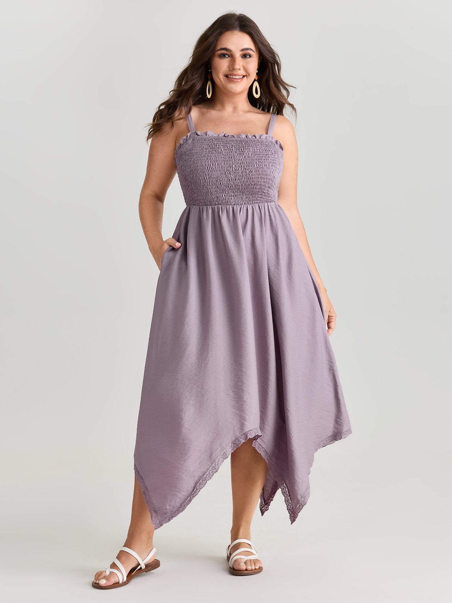 Shirred Handkerchief Hem Maxi Dress