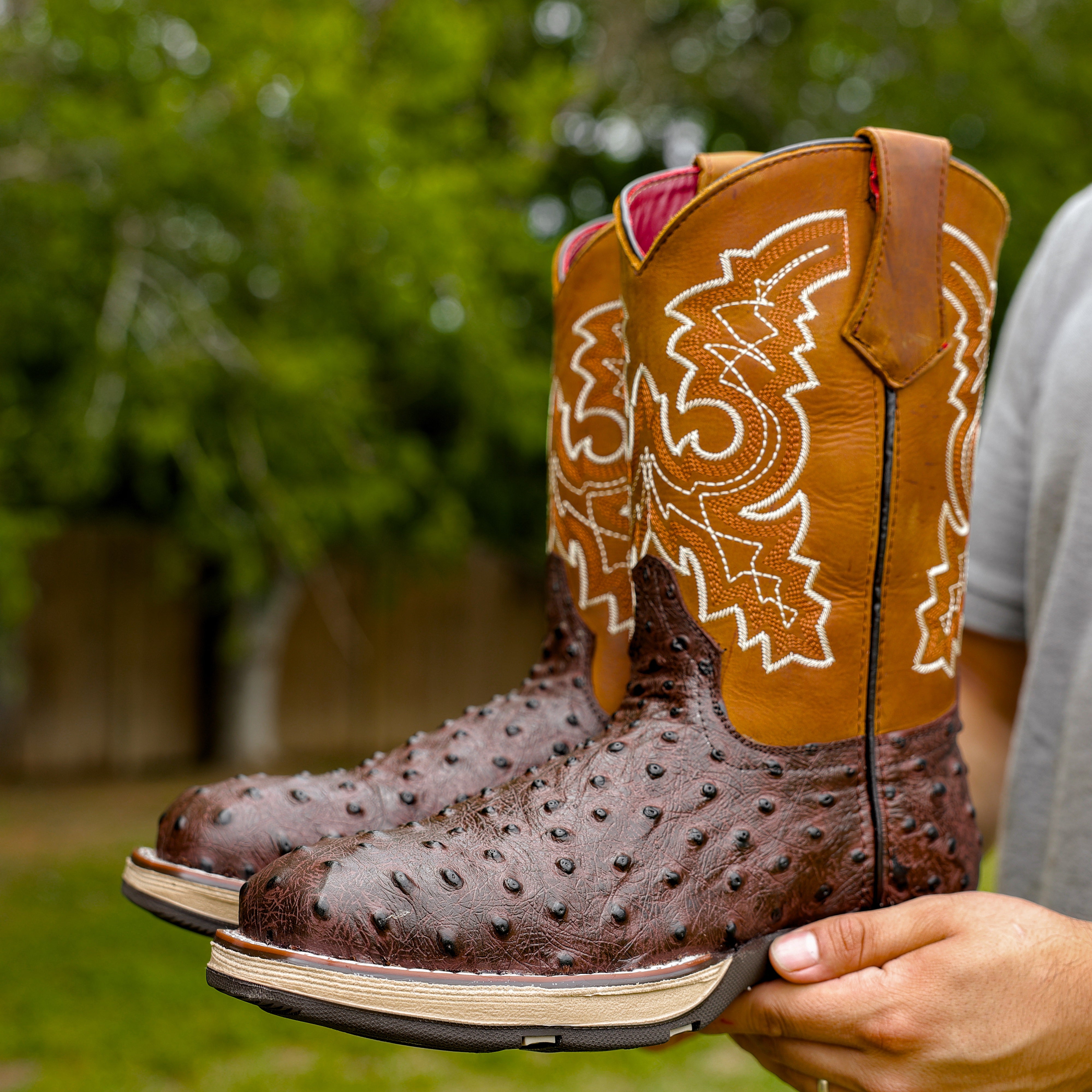 Brown Ostrich Leather Boots With 3D Lightweight Sole - Composite Toe