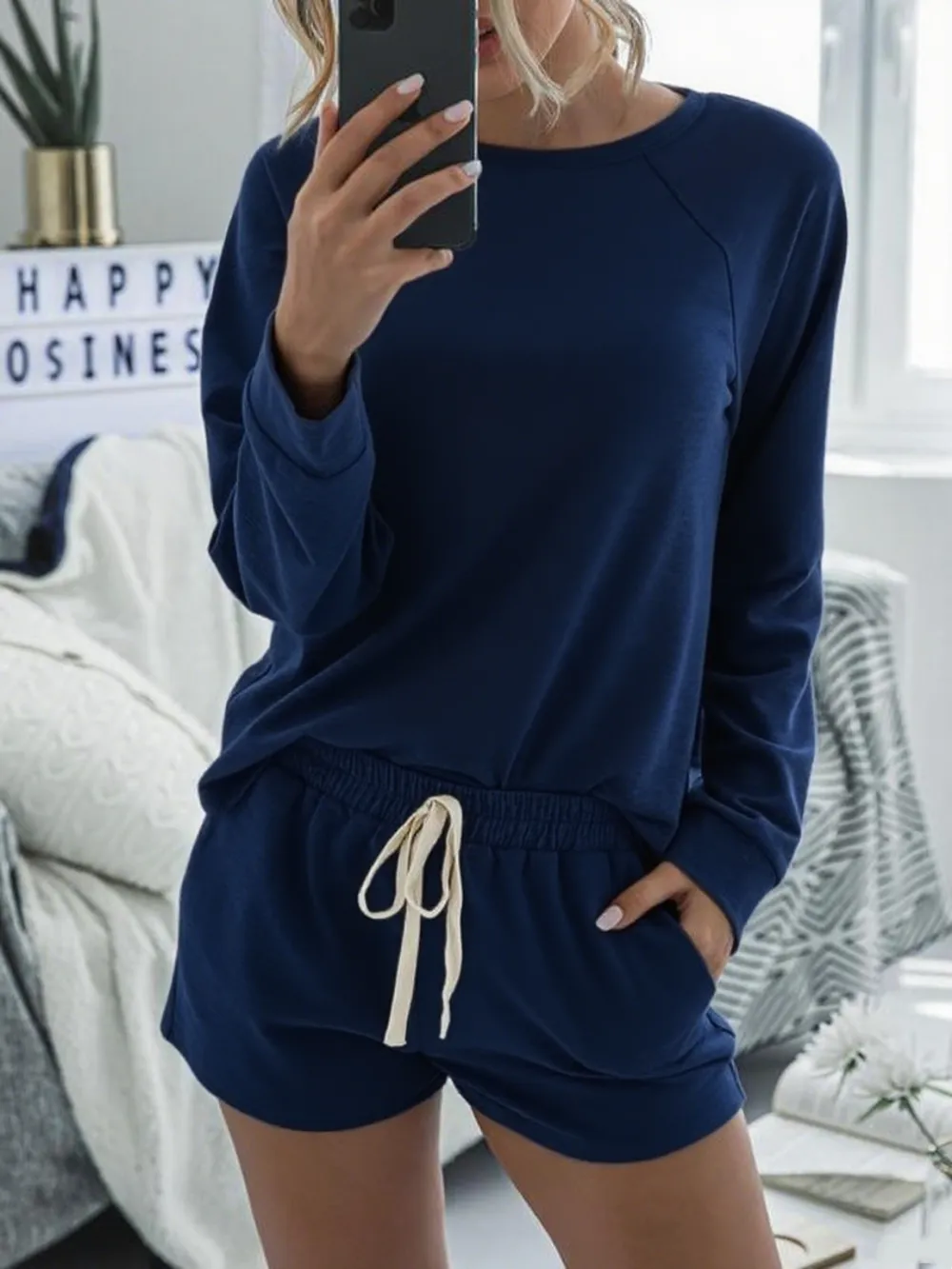 Long Sleeve Round Neck Top & Pocket Shorts Pajamas Set