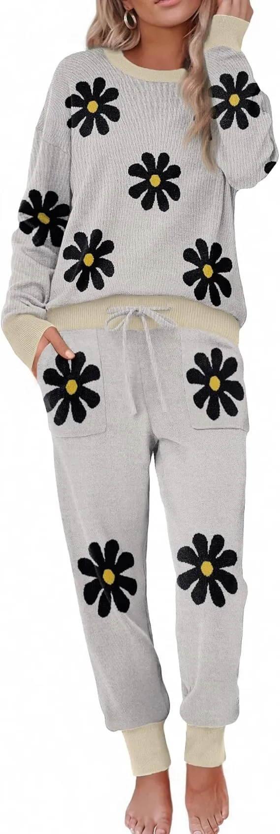 Women's Long Sleeve Knit Loungewear Set Jogger Pants Outfit