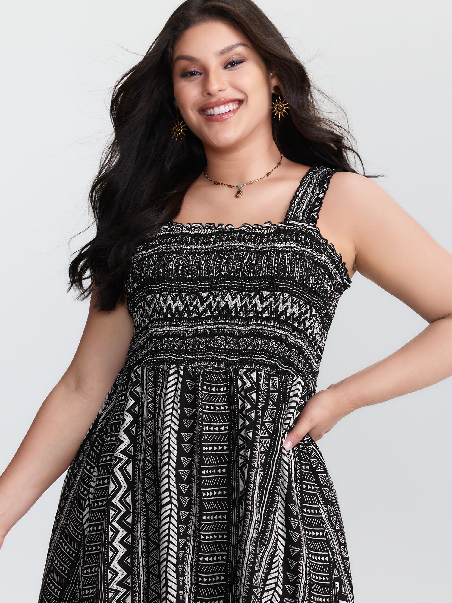 Monochrome Striped Shirred Wide-Straps Midi Dress