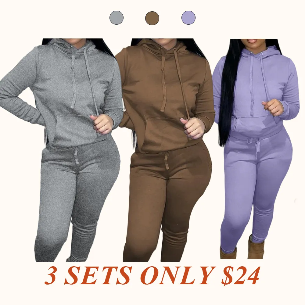 Women's Solid Drawstring Hoodie & Pocket Sweatpants Two-piece Set