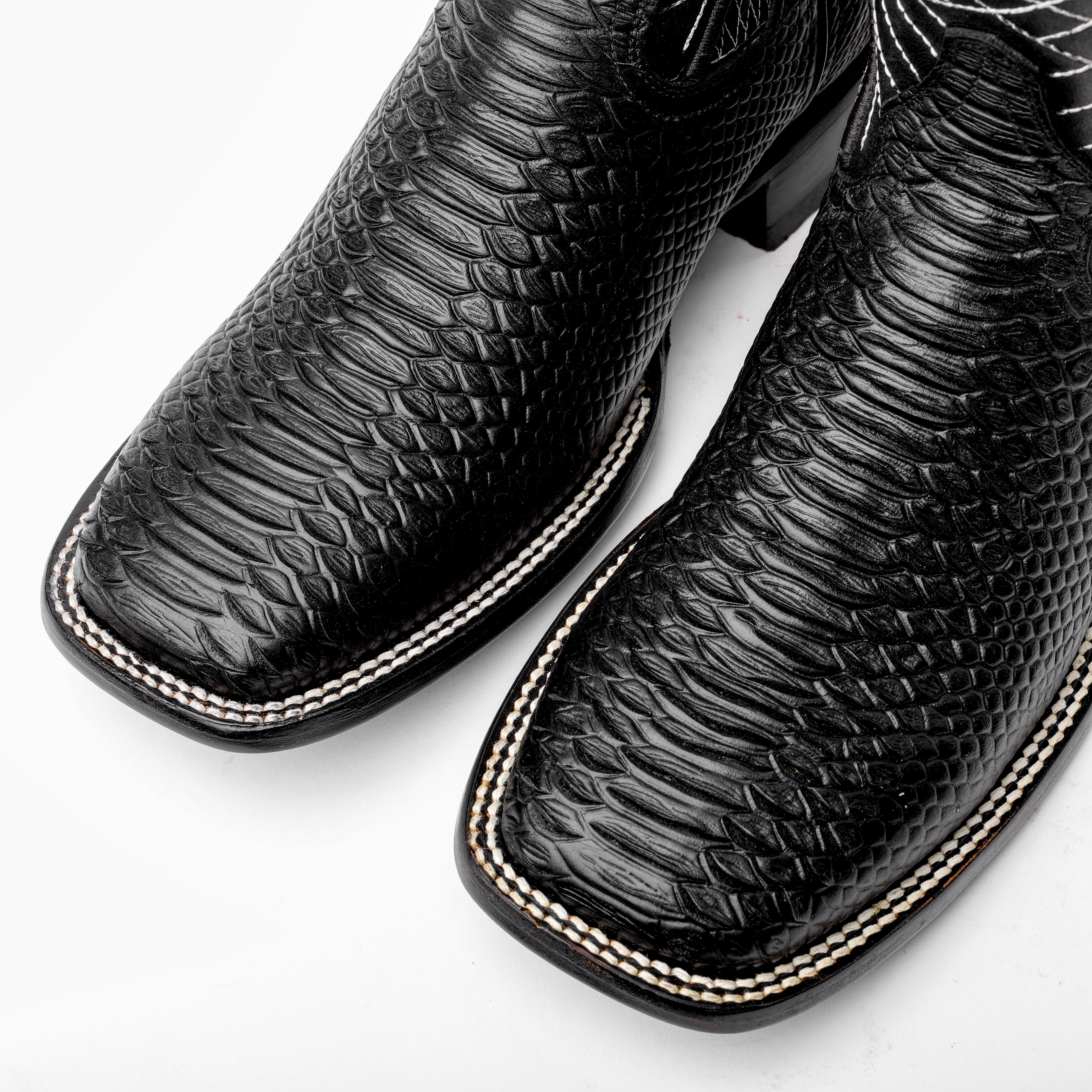 Black Python Leather Boots - Square Toe