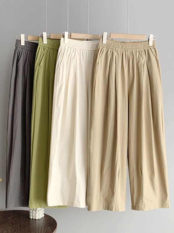 Elasticity Pleated Solid Color Split-Joint High Waisted Loose Trousers Pants