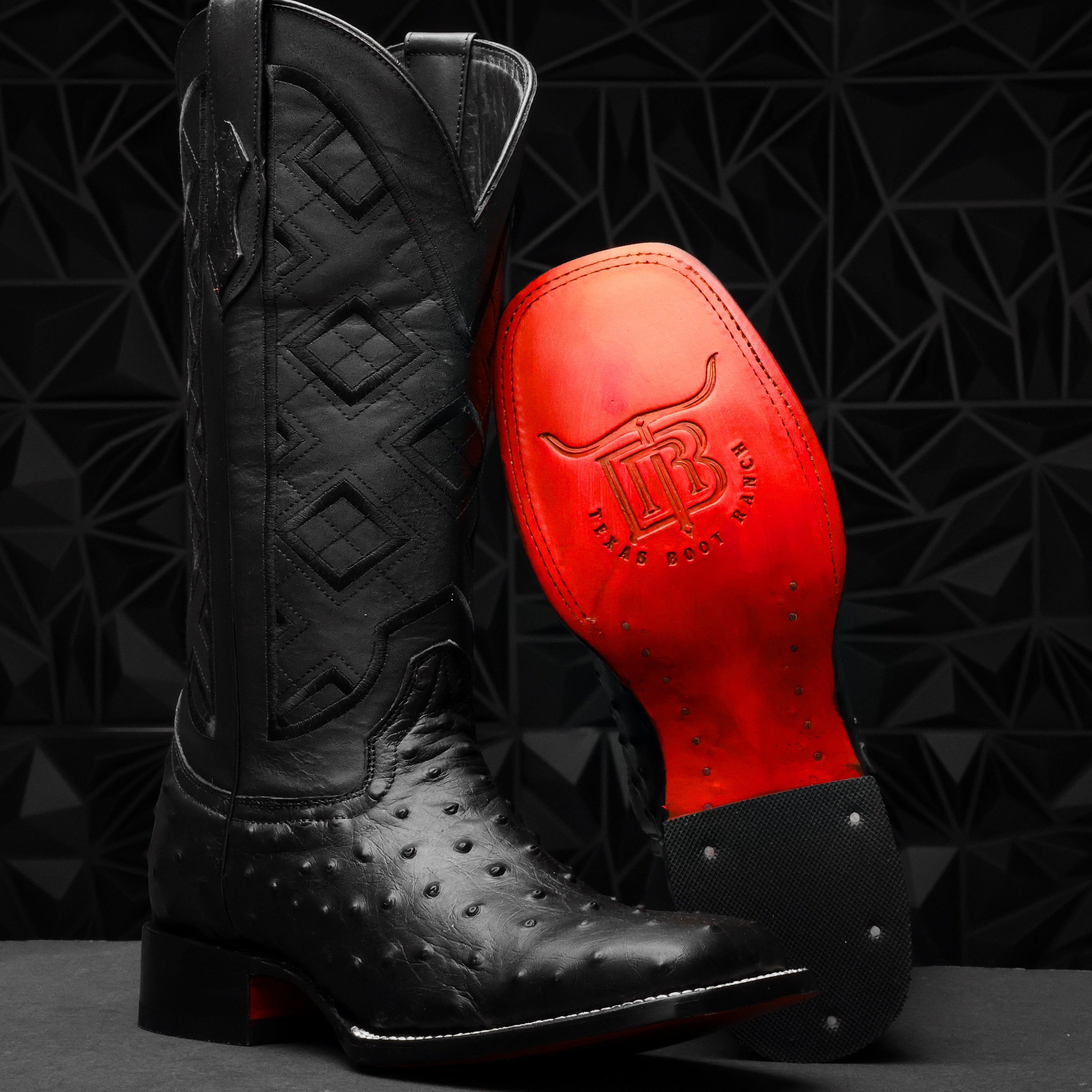 Black Ostrich Leather Boots - Square Toe