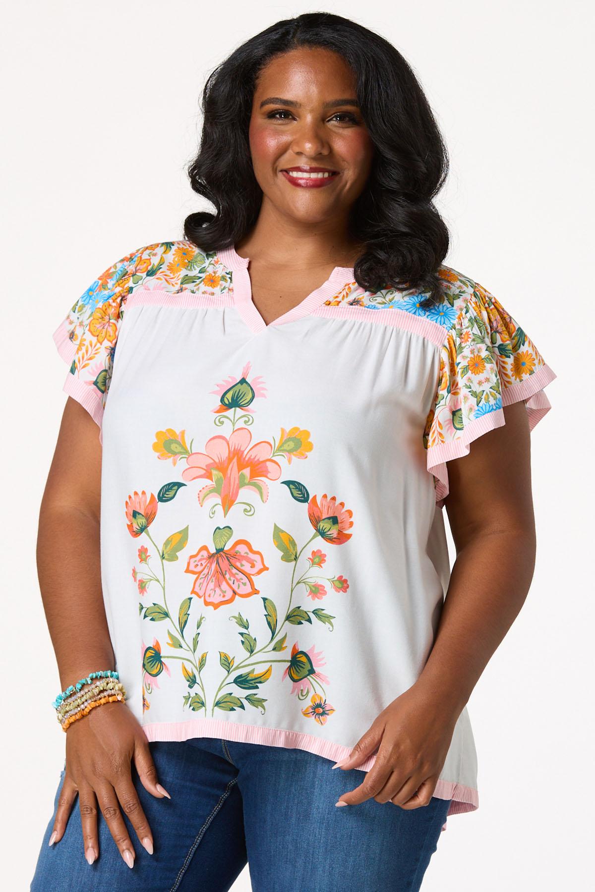 Plus Size Floral Print Stripe Trim Top