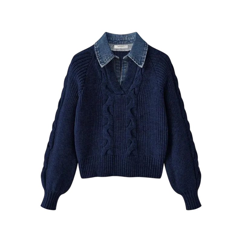 Denim Panel Ribbed Lapel Sweater