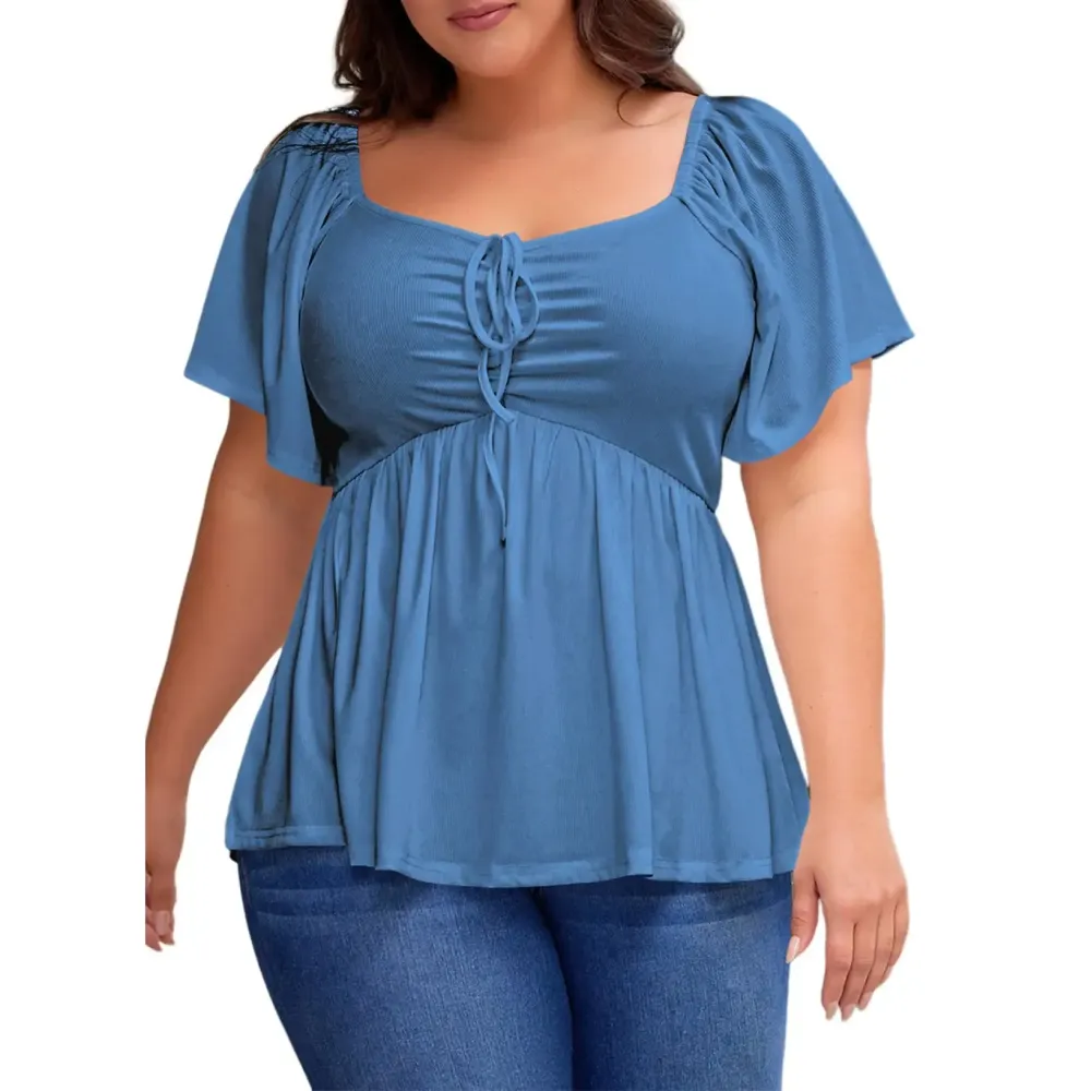 Women Plus Size Sweetheart Neck Short Sleeve Shirred Peplum Blouse Tops Shirts