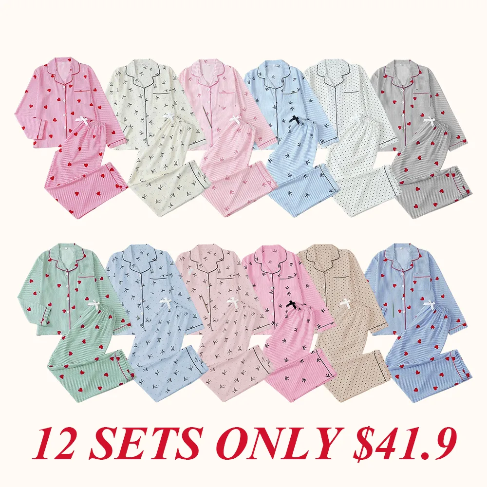 Women's Striped Bow Print Long Sleeve Pajama Set
