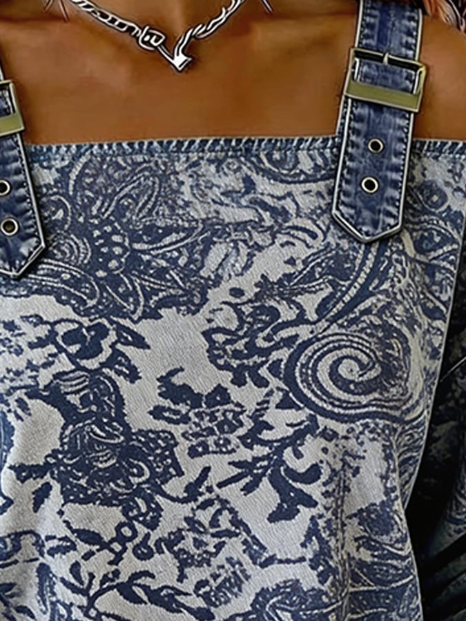 Women's denim casual jacquard off-shoulder top