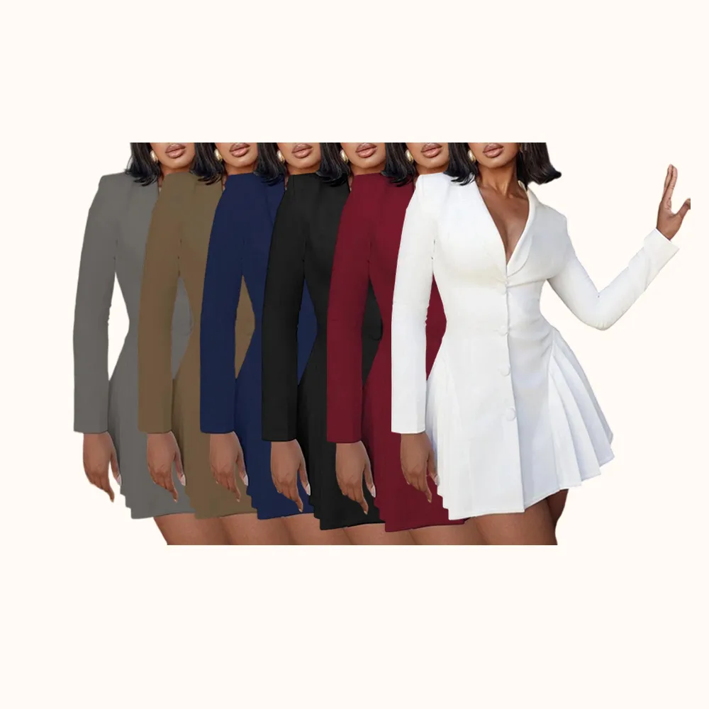 Women's Solid Deep V-Neck Pleated A-Line Dress, Elegant Button Front Long Sleeve Short Dress for Spring & Fall