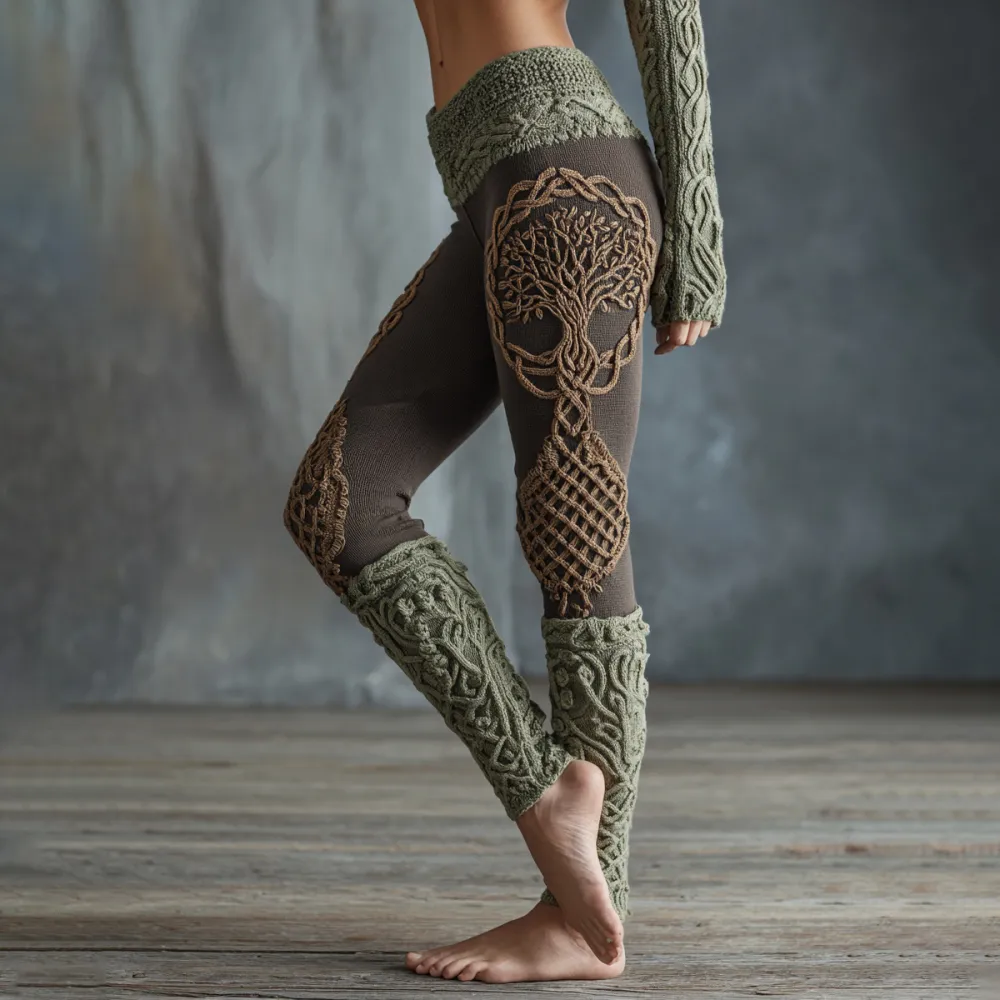 Vintage Tree Of Life Pattern Celtic Knit Cozy Leggings