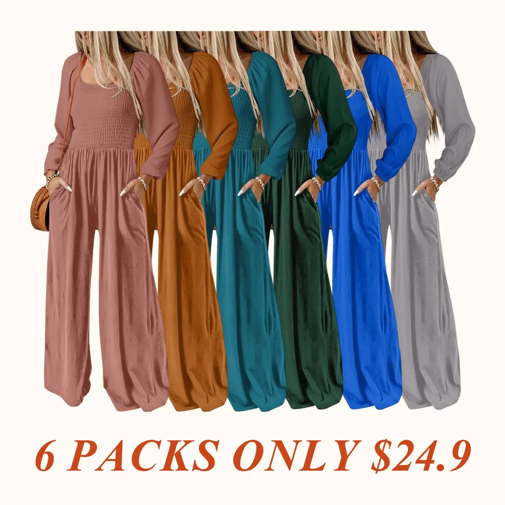 Women's Casual Loose Overalls Jumpsuits One Piece Long Sleeve Wide Leg Long Pant Rompers With Pockets