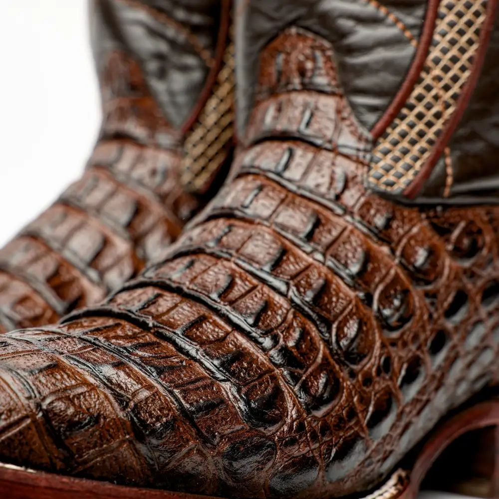 Chocolate Brown Caimán Hornback Leather Boots - Square Toe