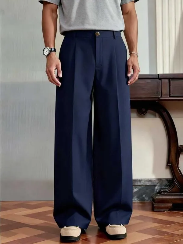 Men's Casual Versatile Solid Color Wide Leg Pants, Unique Button Design, Fitted Style