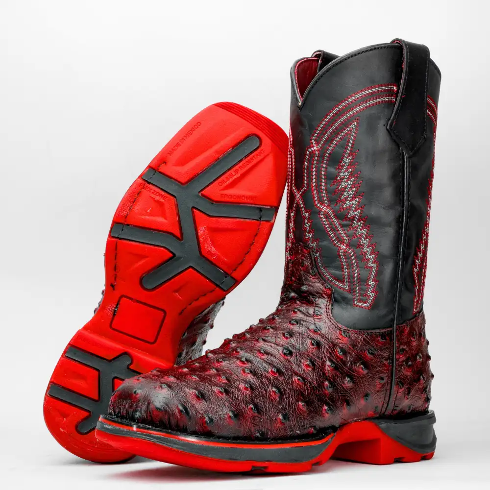 Black Cherry Ostrich Leather Boots With 3D Lightweight Sole - Composite Toe
